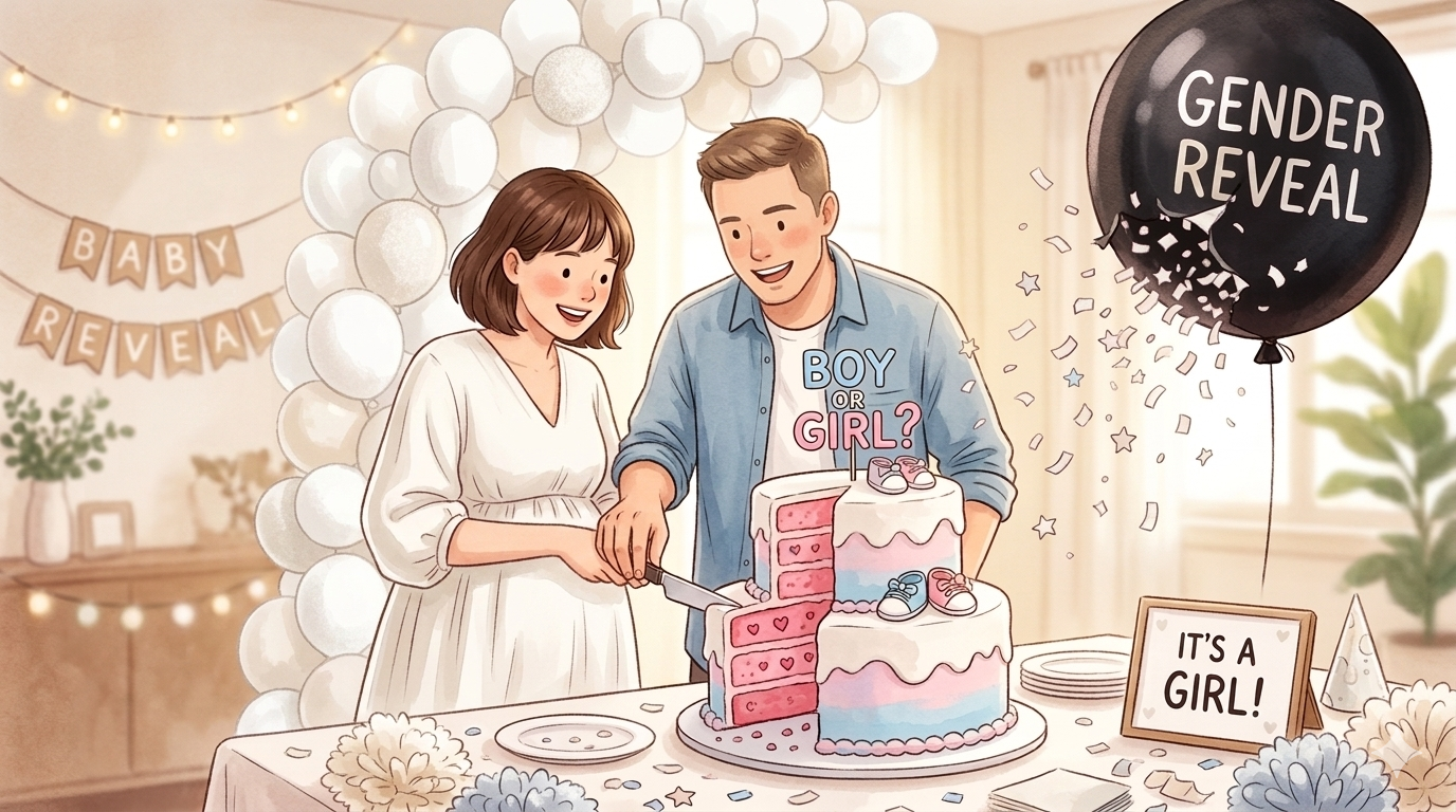 性別発表の瞬間。ケーキを切る、風船を割るなどの演出