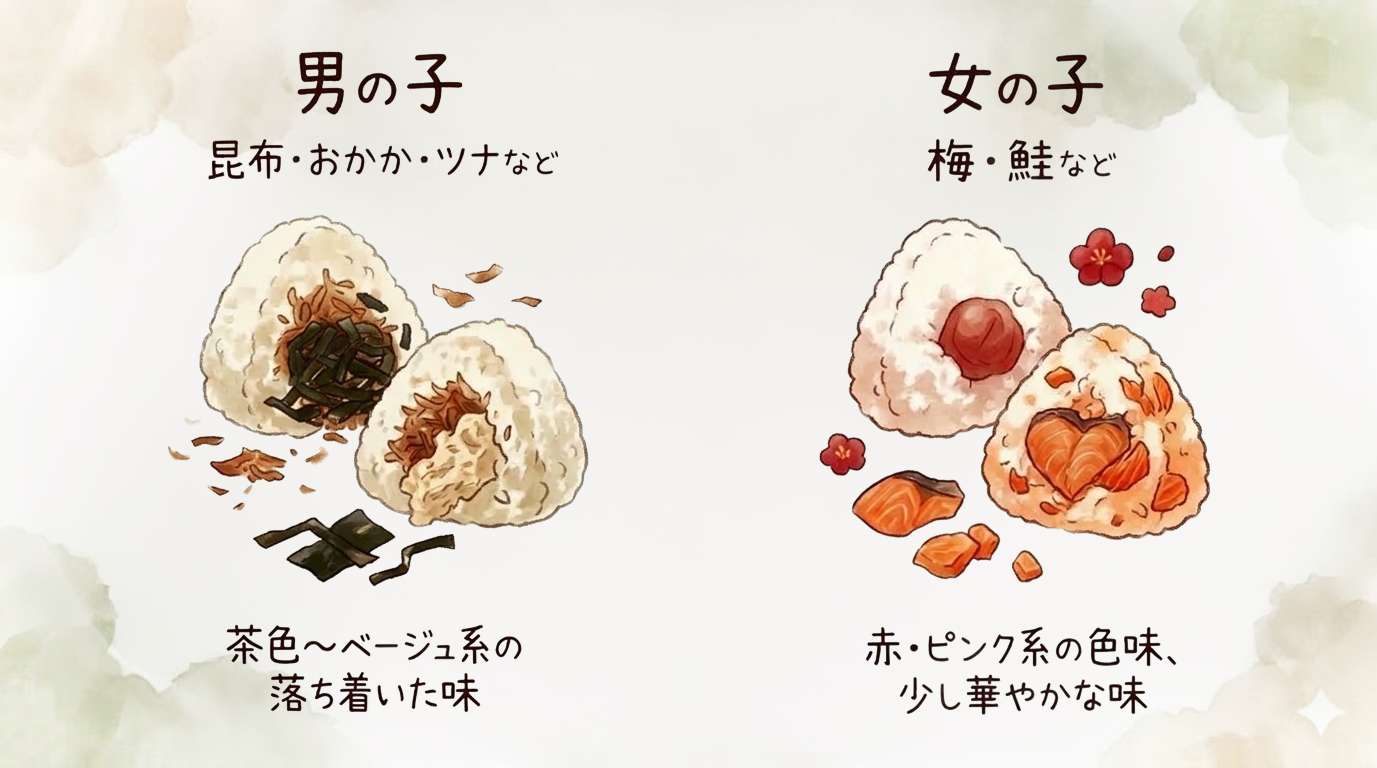 ジェンダーリビールおにぎりのテーマカラーや味のイメージ例